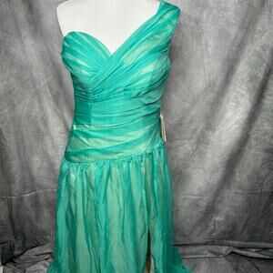 NWT Vilavi Dress Evening Gown Women Sz 12 Formal Chiffon Aqua Blue Asymmetrical